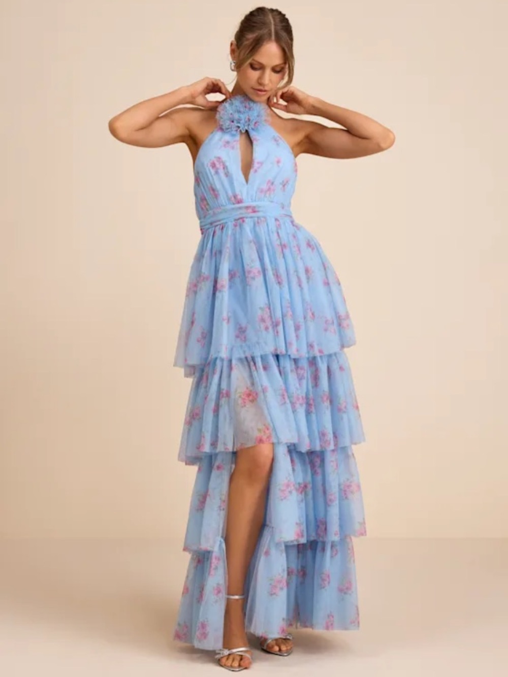 Lulu's Light Blue Floral Halter Tiered Maxi Dress